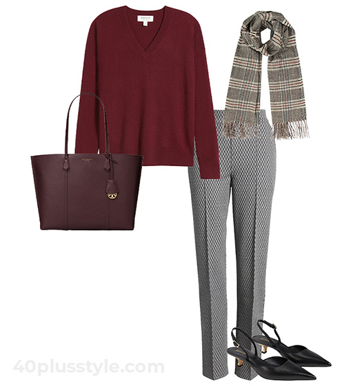 Check pants and burgundy sweater | 40plusstyle.com