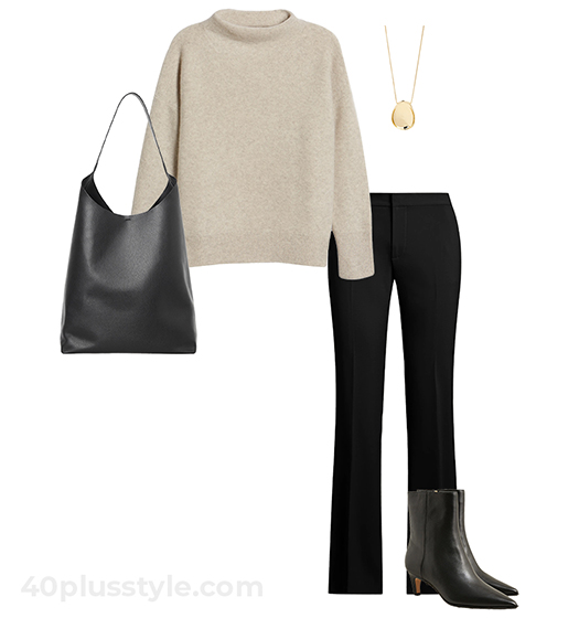 Fall fashion essentials for minimalists - neutral sweater and black pants | 40plusstyle.com