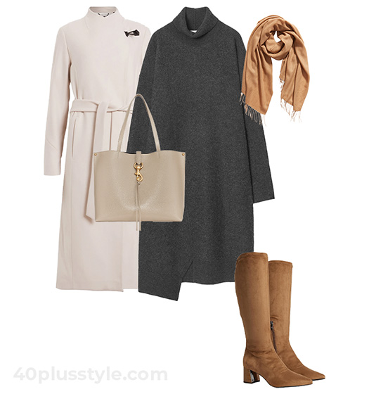 Fall fashion essentials for minimalists - cream coat and sweater dress outfit | 40plusstyle.com