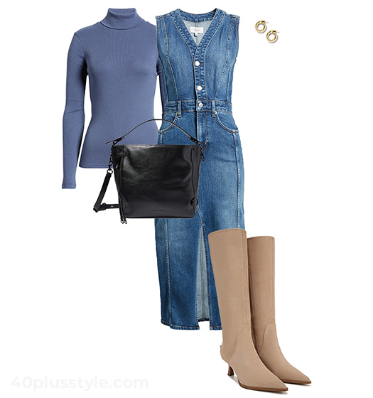 Turtleneck sweater and denim dress | 40plusstyle.com