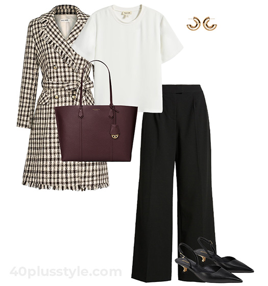 Check coat and neutral outfit | 40plusstyle.com