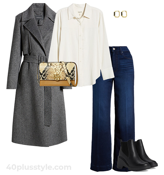 Fall outfit idea: Trench coat, shirt, jeans and boots | 40plusstyle.com