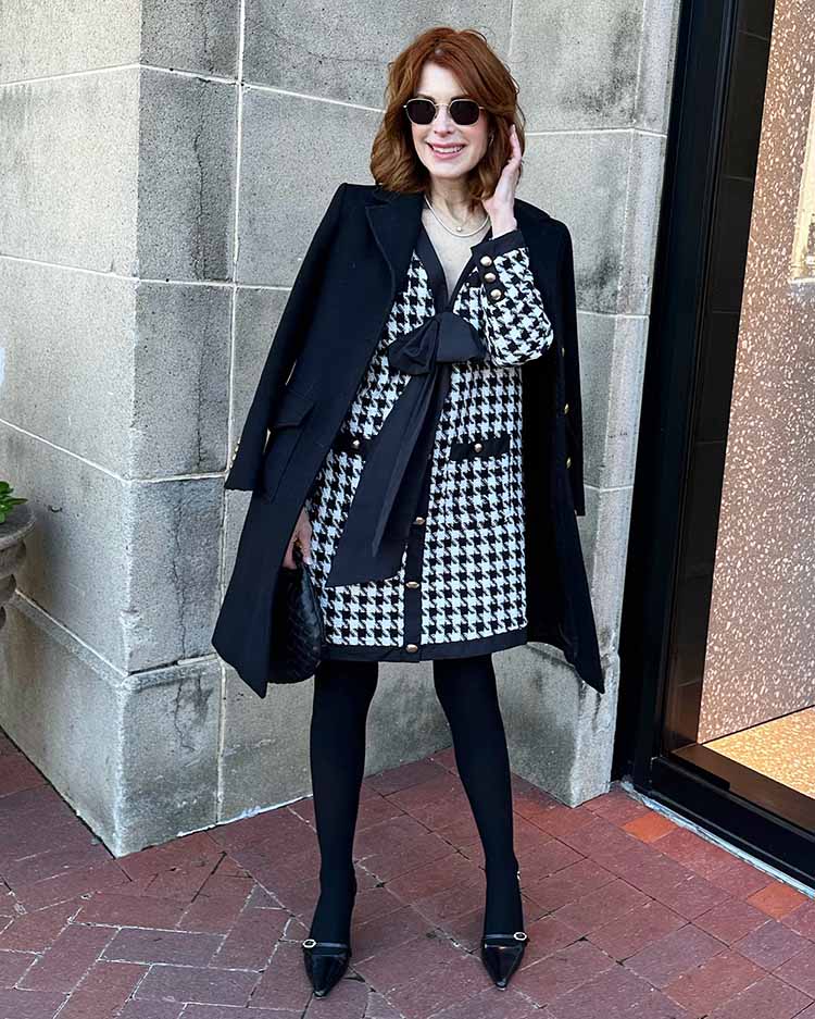 How to layer for winter - Cathy wears a check dress | 40plusstyle.com