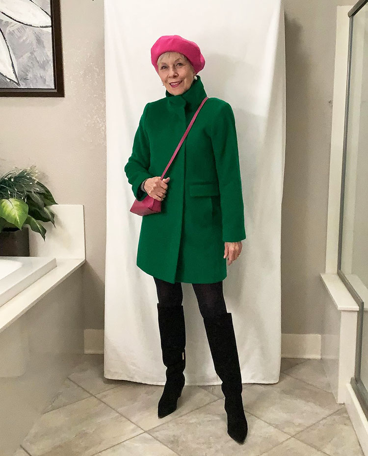 How to wear bright colors for winter - Eileen wears green and pink | 40plusstyle.com