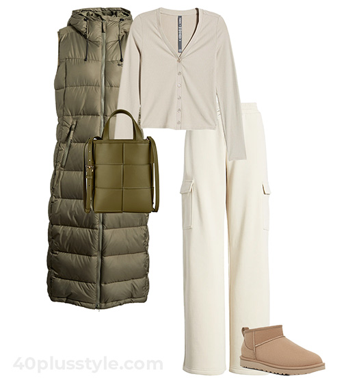 Long vest and UGG boots outfit | 40plusstyle.com