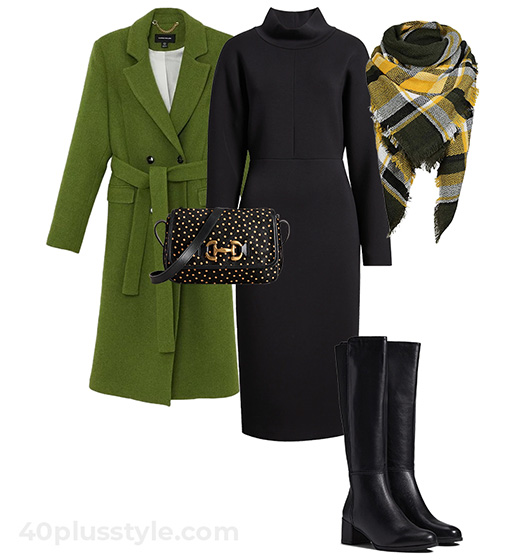 Wearing bright colors - Green coat and black dress outfit | 40plusstyle.com