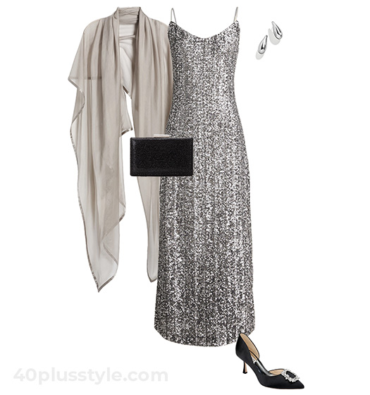 Outfits for Xmas - Silver dress and wrap | 40plusstyle.com