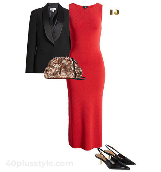 Outfits for Xmas - Tuxedo jacket and red dress | 40plusstyle.com