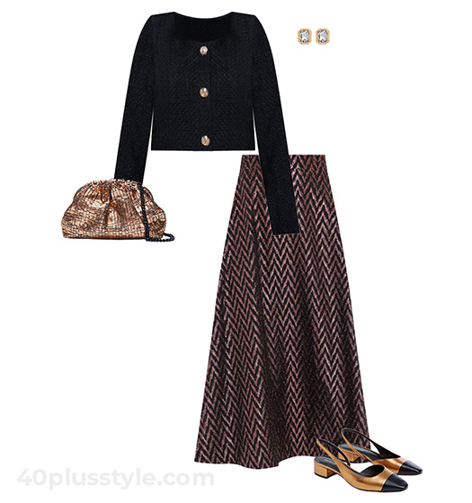 Cardigan and metallic skirt | 40plusstyle.com