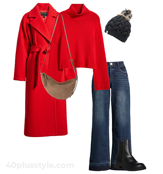 Red coat and jeans | 40plusstyle.com