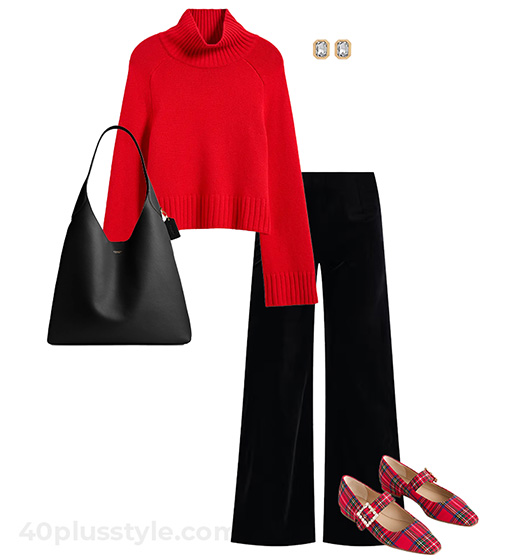 Red sweater and black pants for Christmas | 40plusstyle.com