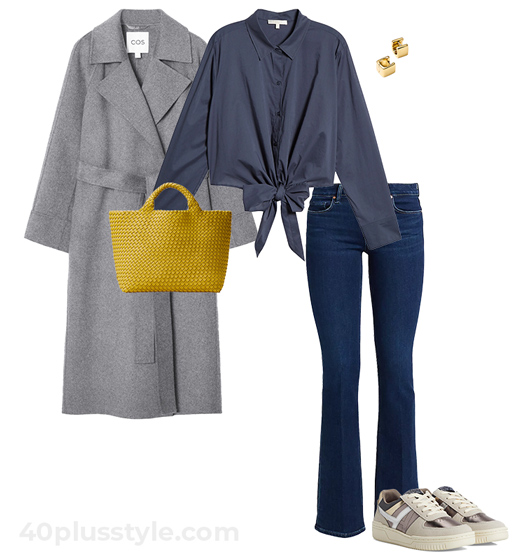 Trench coat, front tie top and jeans | 40plusstyle.com