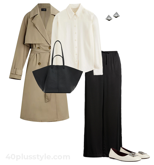 Trench coat, shirt and silk pants | 40plusstyle.com