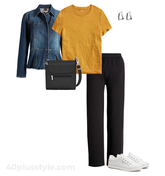 Denim jacket and black pants outfit | 40plusstyle.com