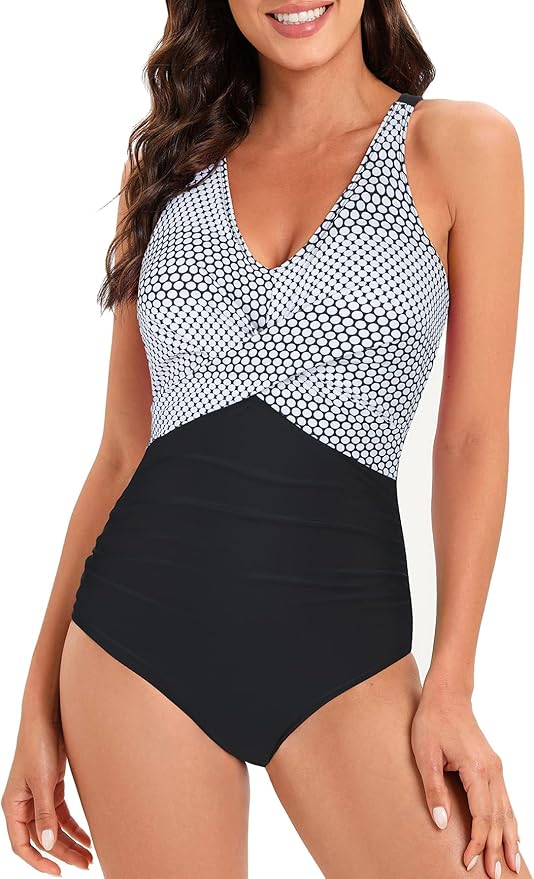 Best bathing suits for women - black and white one-piece | 40plusstyle.com