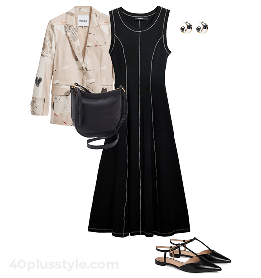 Print blazer and black dress | 40plusstyle.com