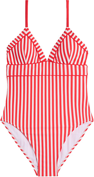 Best bathing suits for women - striped one-piece | 40plusstyle.com