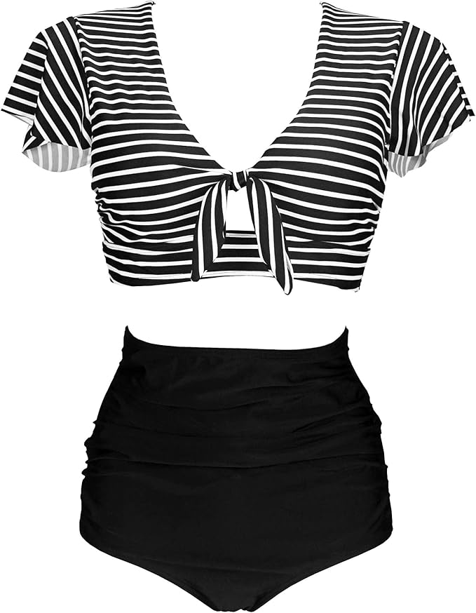 COCOSHIP Ruched Ruffle High Waist Two Piece Bikini Set | 40plusstyle.com