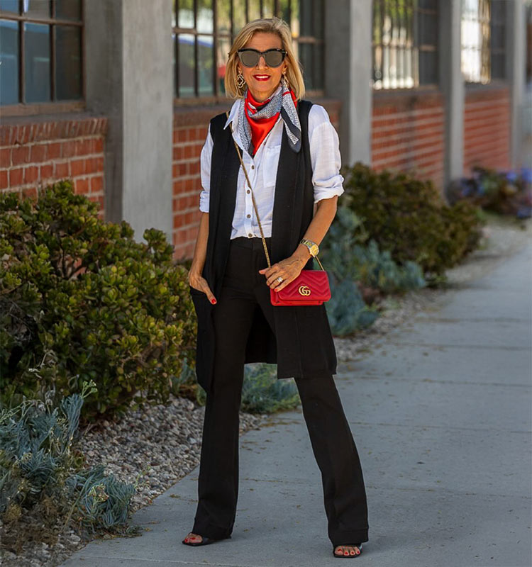 Nora in shirt, long vest and bootcut pants | 40plusstyle.com