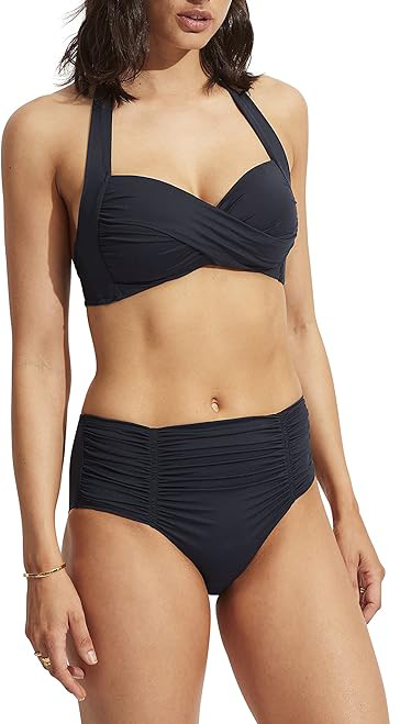 Best bathing suits for women - Seafolly Twist Front Soft Cup Halter Bikini Top / Seafolly Standard Gathered Front Retro Full Coverage Bikini Bottom | 40lusstyle.com