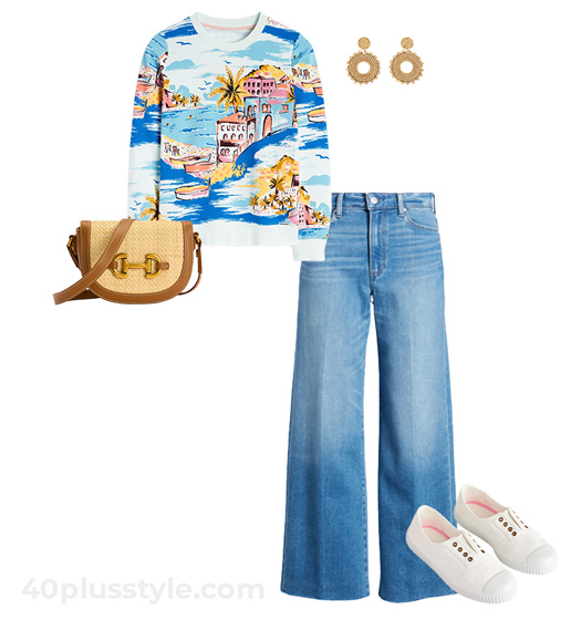 Graphic top and wide pants | 40plusstyle.com
