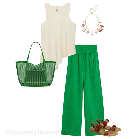 asymmetric top and green pants | 40plusstyle.com