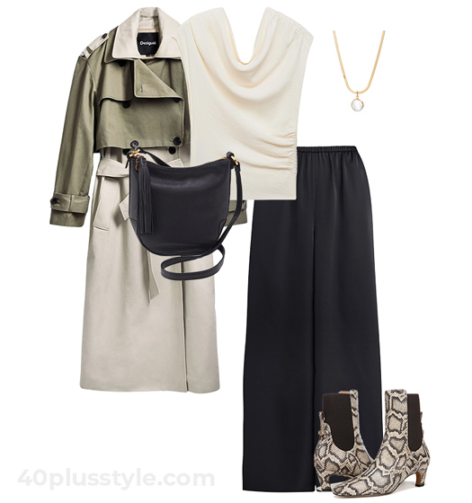 Trench coat and python boots outfit | 40plusstyle.com