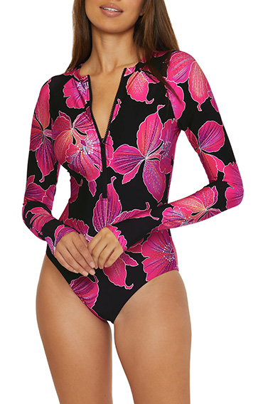 Trina Turk Fluery Zip Long Sleeve One-Piece Swimsuit | 40plusstyle.com