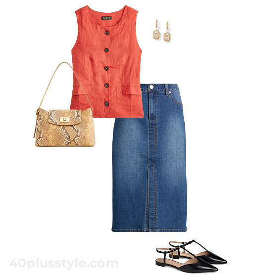 Waistcoat and denim skirt outfit | 40plusstyle.com
