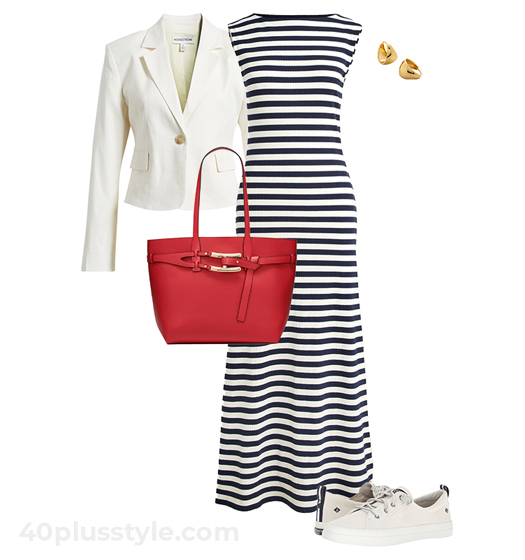 Blazer, dress and sneakers | 40plusstyle.com