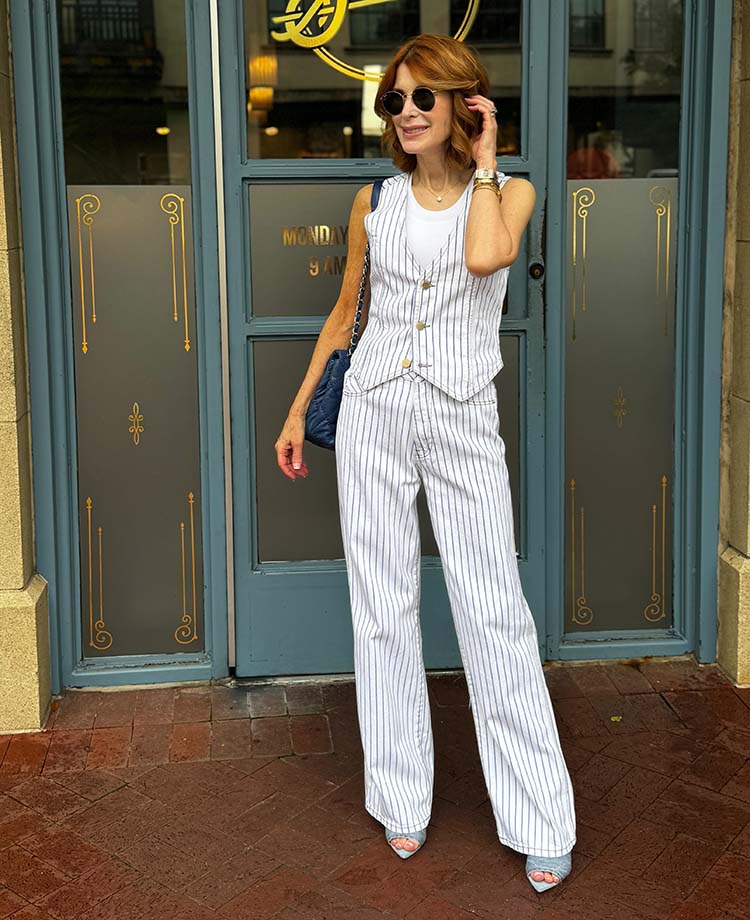 Maritime outfit: Cathy in striped vest and pants | 40plusstyle.com