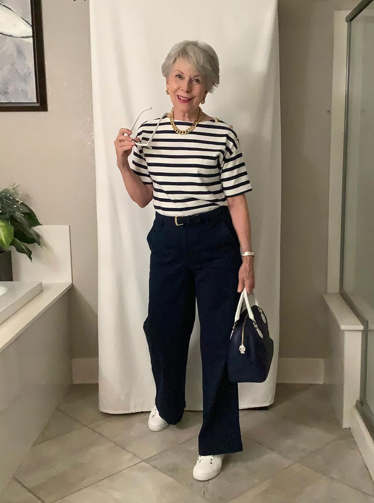 Eileen in a striped top and pants | 40plusstyle.com