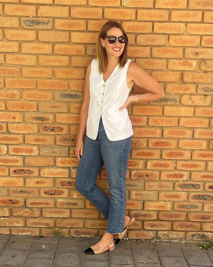 Stylish summer shoes - Karen wears Chanel-style slingbacks | 40plusstyle.com