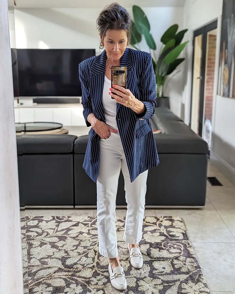 Suzie in striped blazer, jeans and loafers | 40plusstyle.com