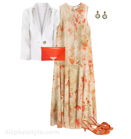 Orange dress and white blazer outfit | 40plusstyle.com