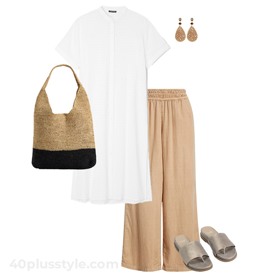 Shirt dress and pants outfit | 40plusstyle.com