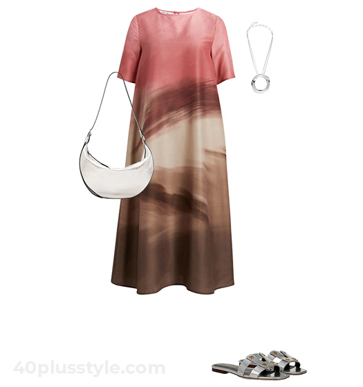 Pink and brown dress with silver accessories | 40plusstyle.com