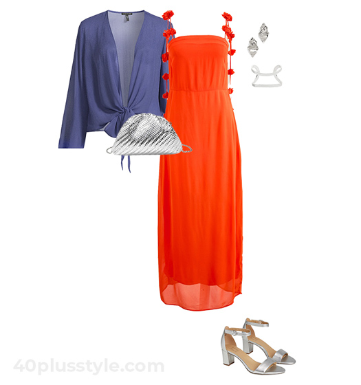 Orange dress and blue wrap | 40plusstyle.com