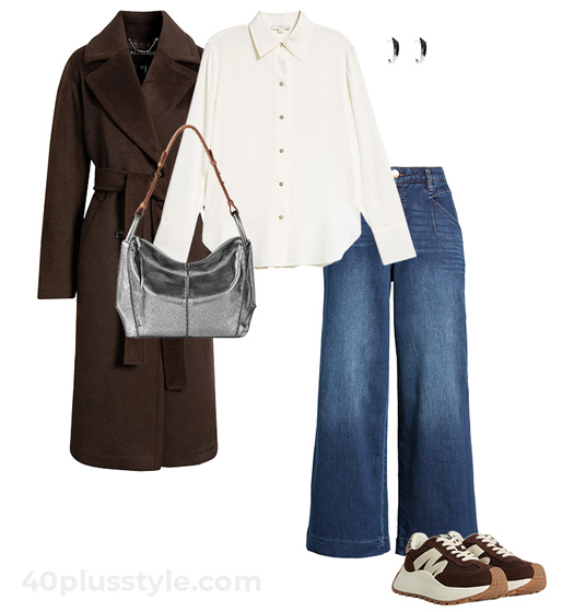 Brown coat and jeans outfit | 40plusstyle.com