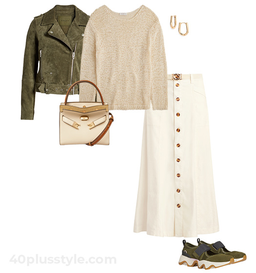 Suede jacket and midi skirt | 40plusstyle.com