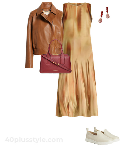 Leather jacket and midi dress outfit | 40plusstyle.com