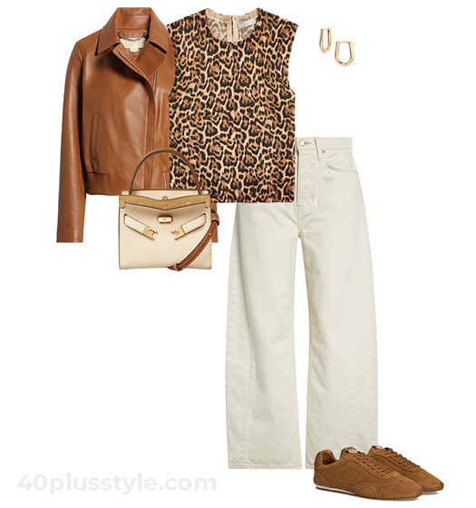 White jeans and animal print top | 40plusstyle.com