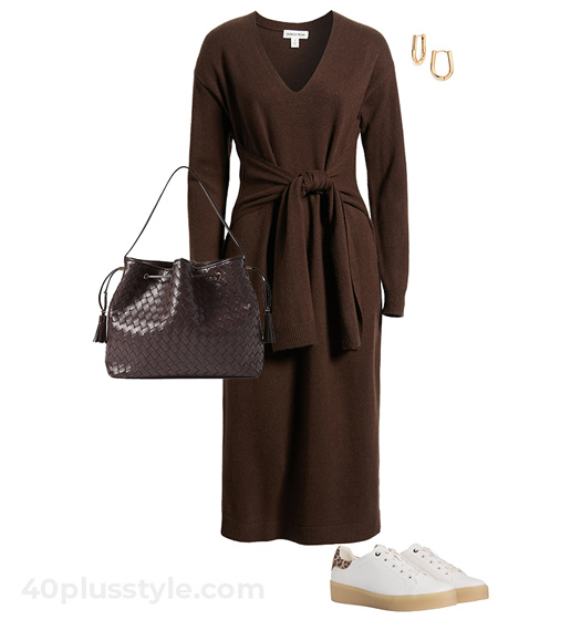 Sweater dress and sneakers | 40plusstyle.com