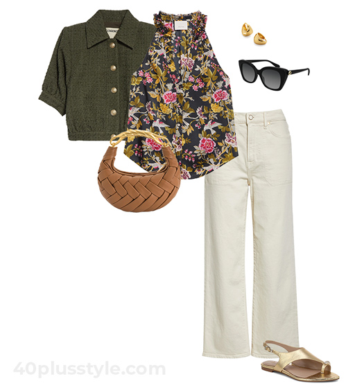 Olive jacket and cream jeans | 40plusstyle.com