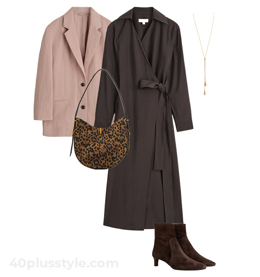Pink blazer and wrap dress | 40plusstyle.com