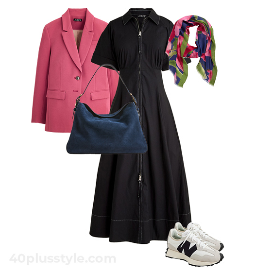 Pink blazer and black dress outfit | 40plusstyle.com