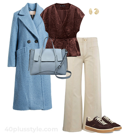 Fall color trends - blue and brown outfit for fall | 40plusstyle.com