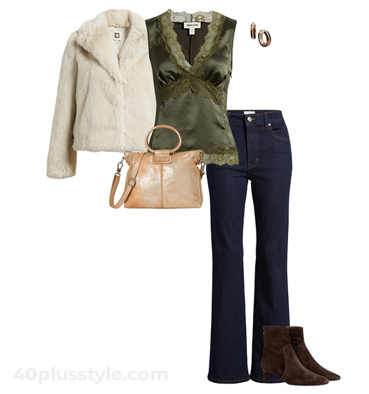 Faux fur jacket outfit for fall | 40plusstyle.com