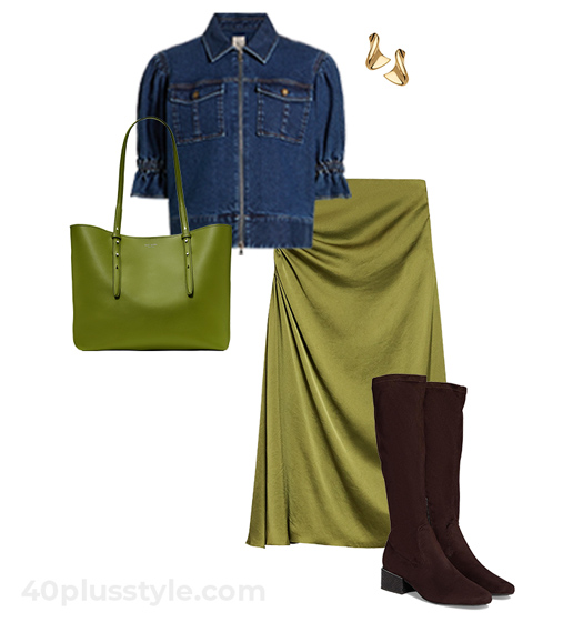 Blue jacket and silk skirt outfit | 40plusstyle.com