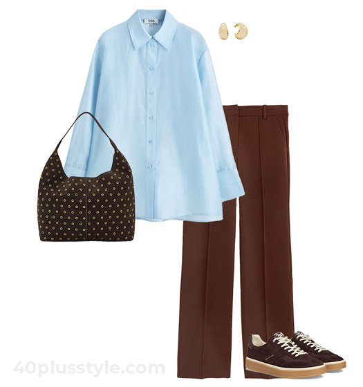 Sky blue and brown outfit | 40plusstyle.com